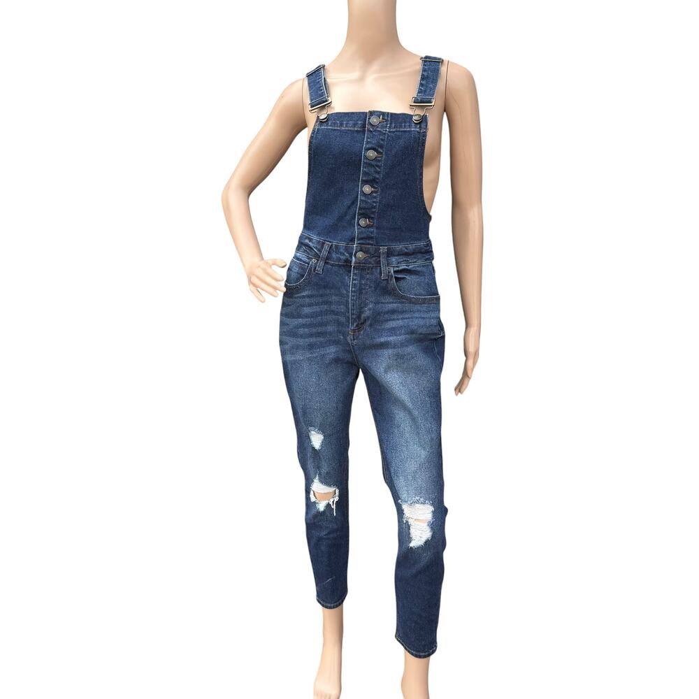 No Boundaries Distressed Denim Overalls Ripped Jean Jumpsuit M 7-9